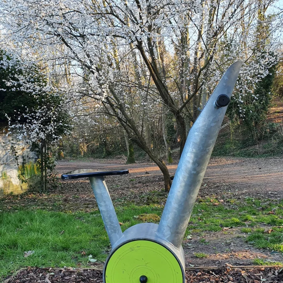vélo chargeur vue de profil dans un parc arboré et fleuri