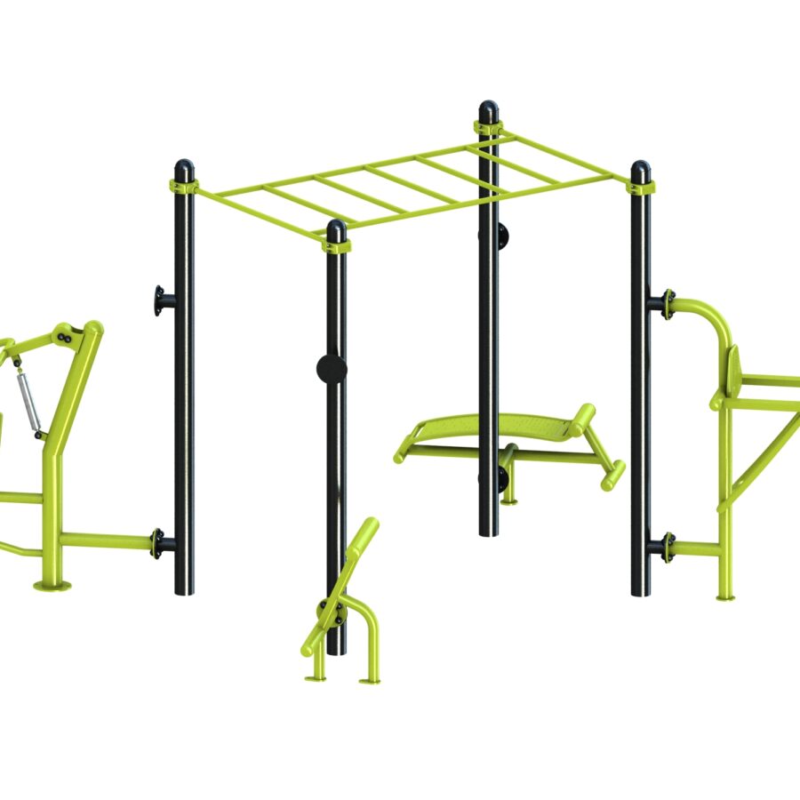 équipement de sport extérieur pour une aire de fitness outdoor : pont de singe, abdos, lombaires, chaise romaine, multi press vue 3