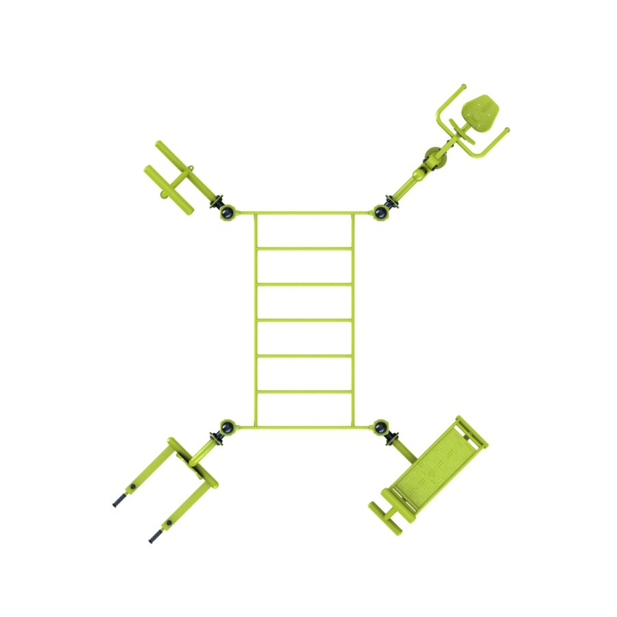 équipement de sport extérieur pour une aire de fitness outdoor : pont de singe, abdos, lombaires, chaise romaine, multi press vue dessus