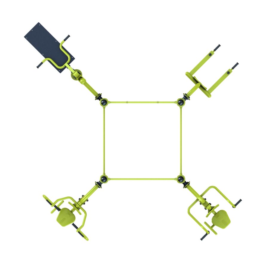 équipement de sport extérieur pour une aire de fitness outdoor : chest press, chaise romaine, pull, push, espalier vue dessus