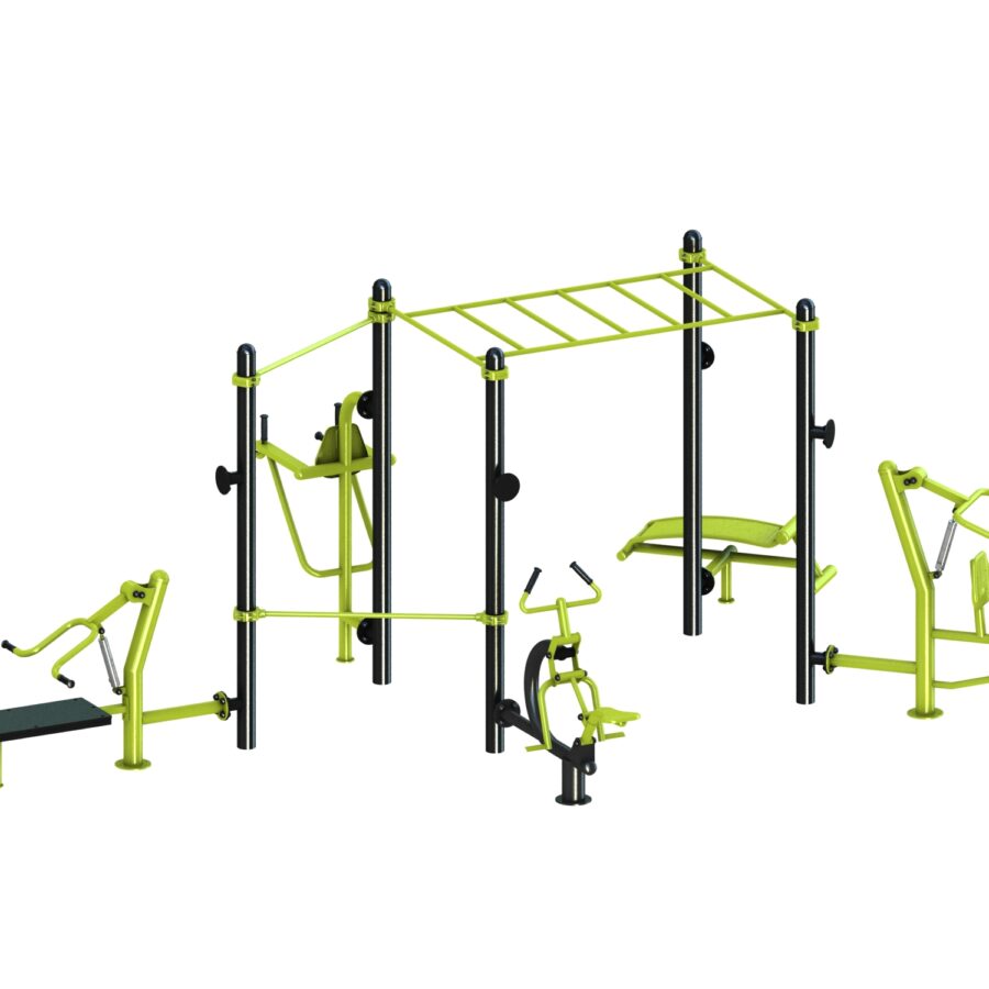 équipement de sport extérieur pour une aire de fitness outdoor : pont de singe, abdos, cavalcade, chaise romaine, multi press, barre traction