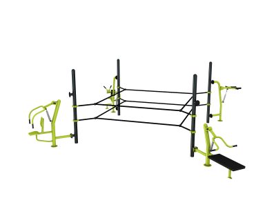 équipement de sport extérieur pour une aire de fitness outdoor : Ring, hack squat, chest press, multi press, crunch machine