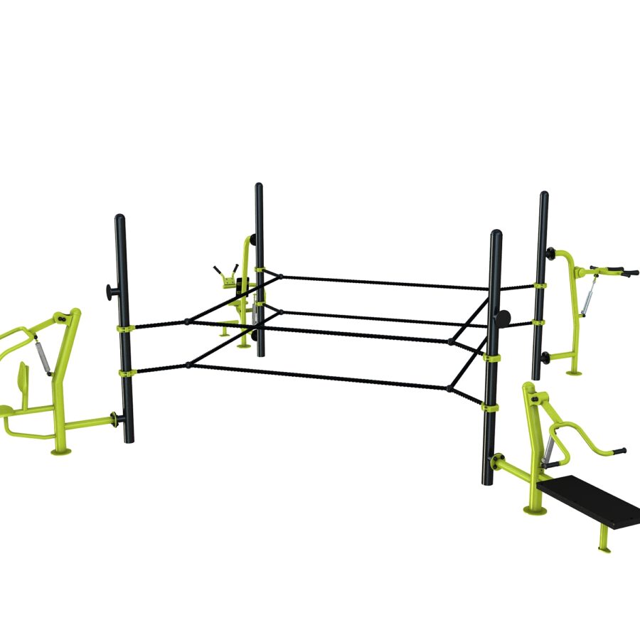 mini ring équipé 3 équipement de sport extérieur pour une aire de fitness outdoor : Ring, hack squat, chest press, multi press, crunch machine