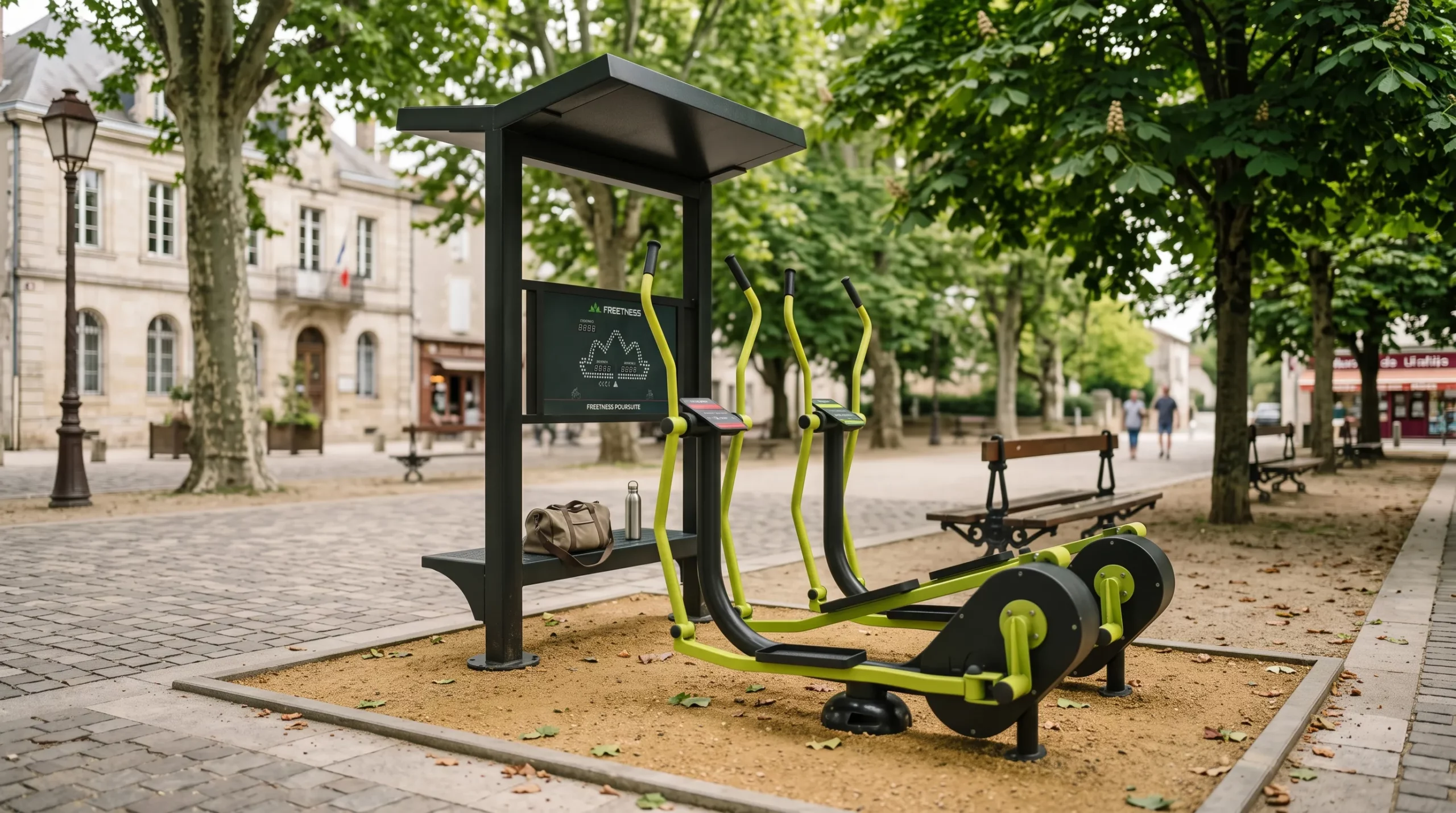 elliptique poursuite R-pro dans un square public arboré français