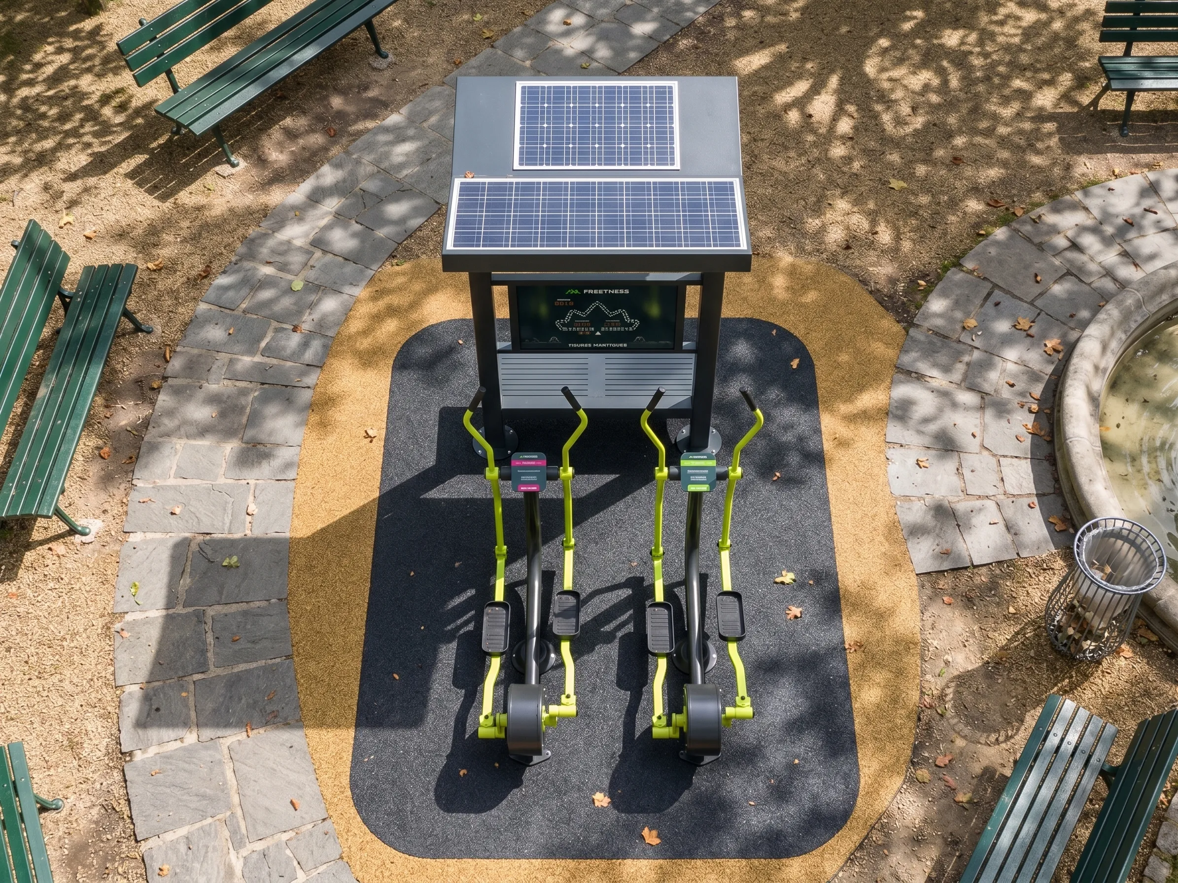 vue de desuus d'un elliptique poursuite R-pro entouré de bancs dans un parc public de centre ville