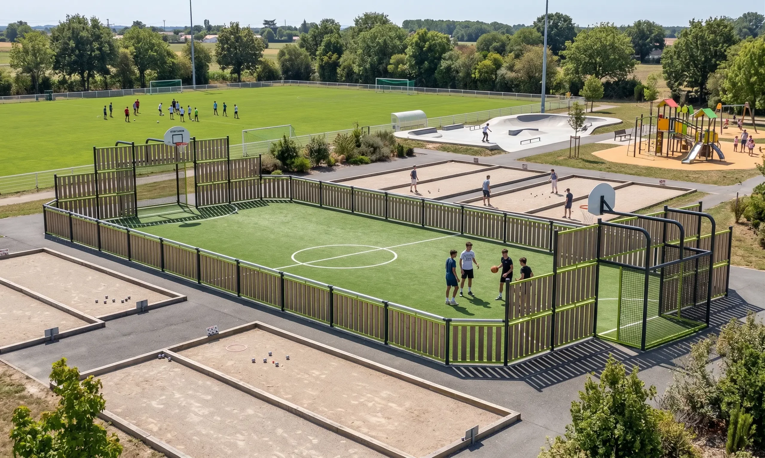 terrain multisports derby vue de trois quard gauche avec terrains pétanque foot et jeux enfants