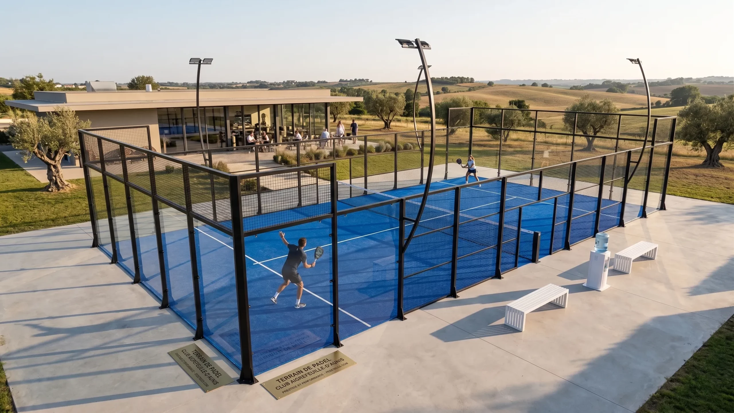 simulation d'un terrain padel 3C en fin d'après-midi vue de trois quart avec campagne en fond
