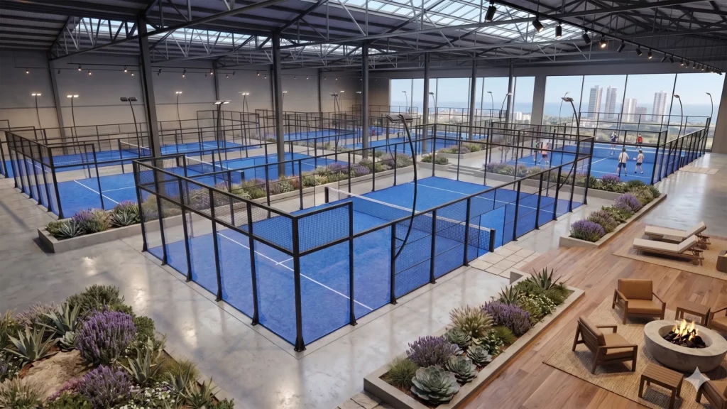 centre de padel disposant de six terrains de padel 3C en intérieur avec vue sur l'horizon