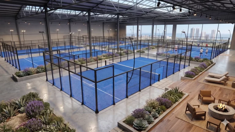 centre de padel disposant de six terrains de padel 3C en intérieur avec vue sur l'horizon