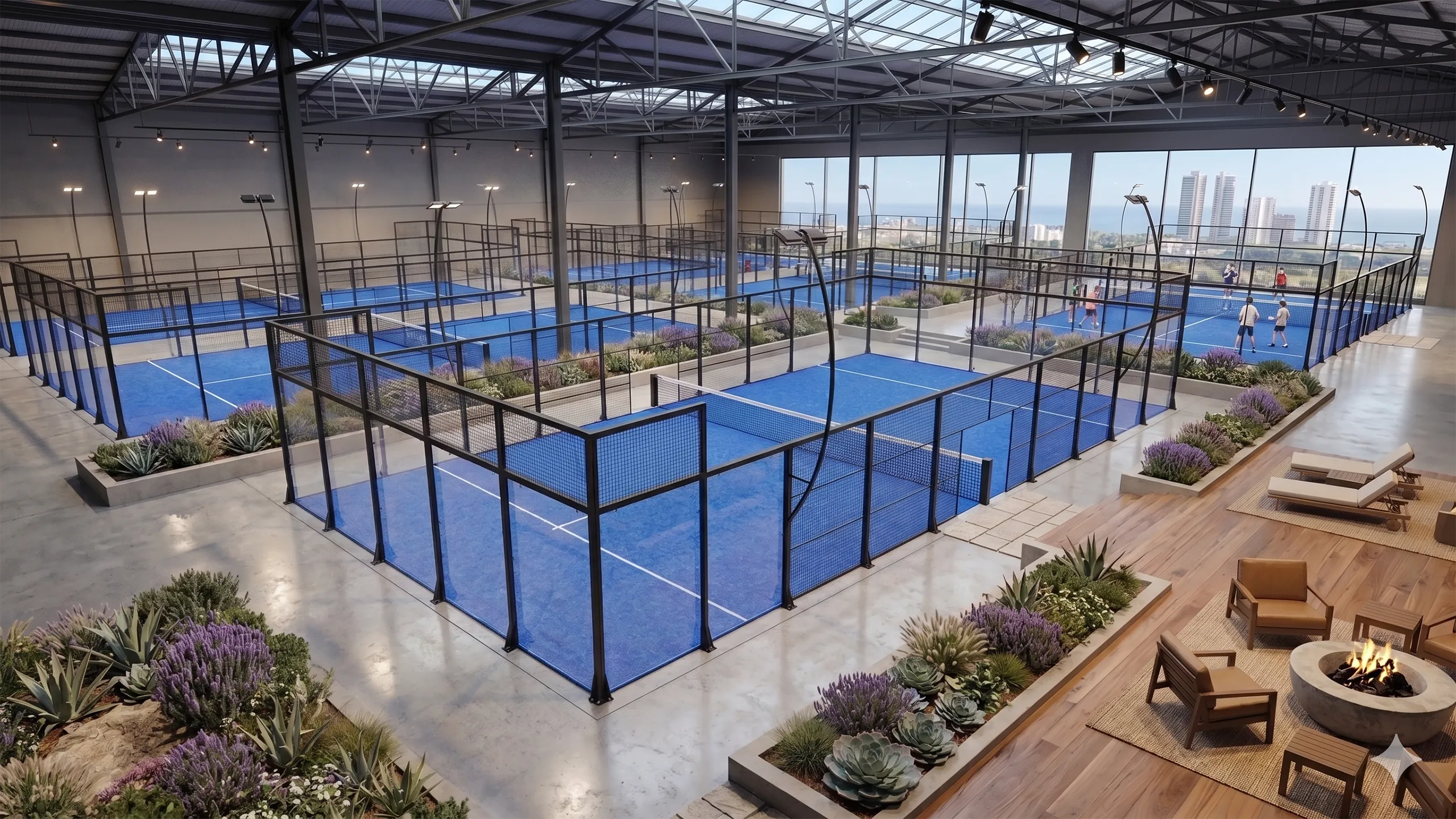 centre de padel disposant de six terrains de padel 3C en intérieur avec vue sur l'horizon