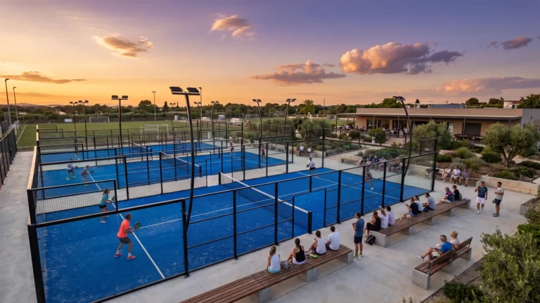 trois courts de padel outdoor à côté d'un terrain de foot avec soleil couchant