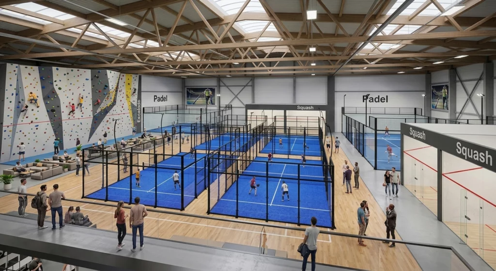 complexe sportif indoor avec terrains de padel 3P escalade et squash
