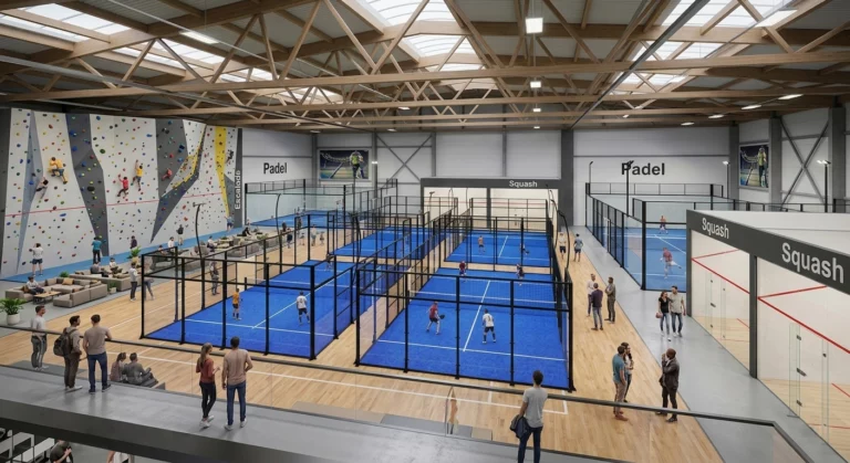 complexe sportif indoor avec terrains de padel 3P escalade et squash
