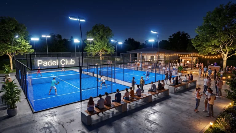 club de padel avec matchs et public en nocturne