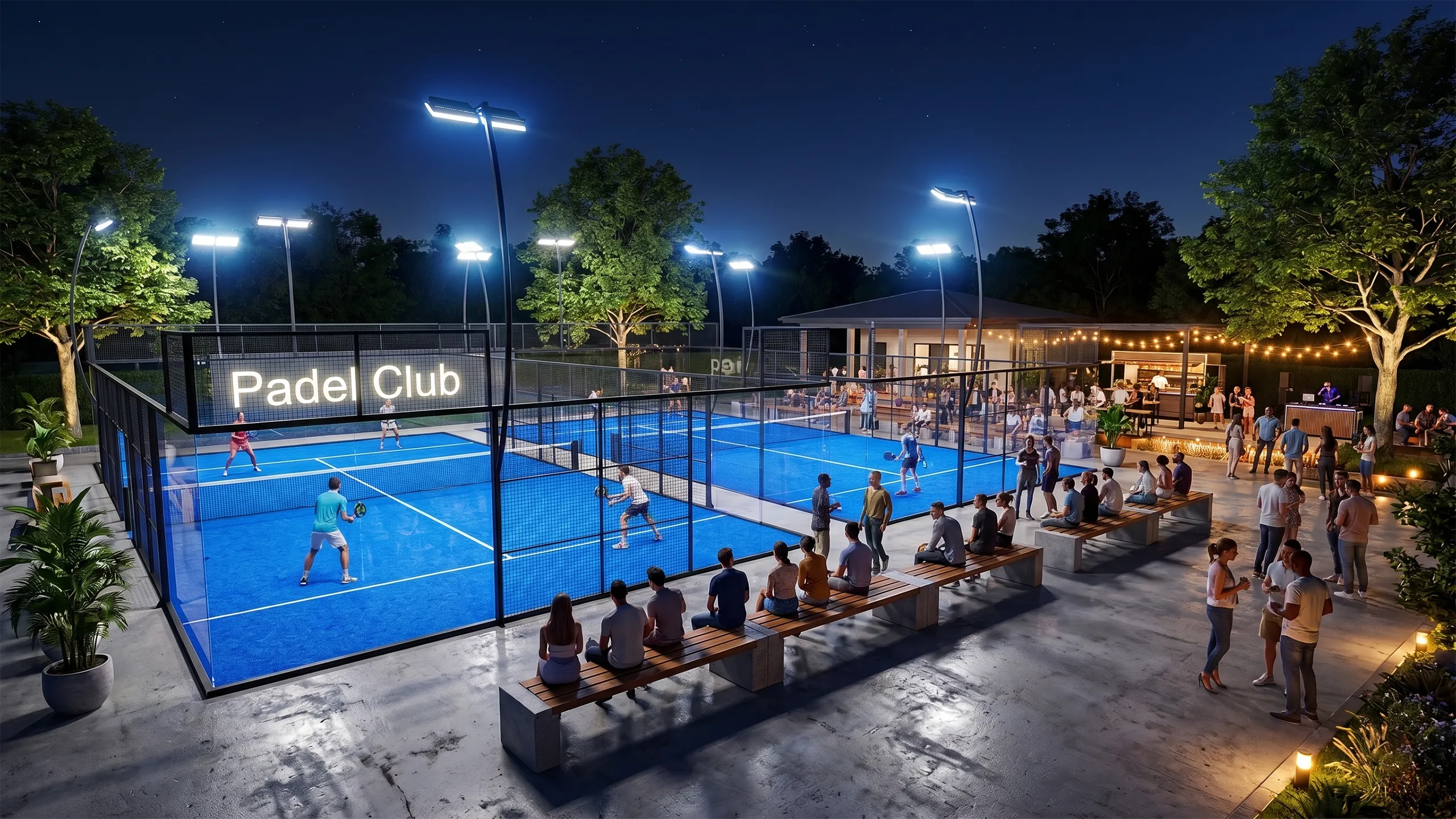 club de padel avec matchs et public en nocturne