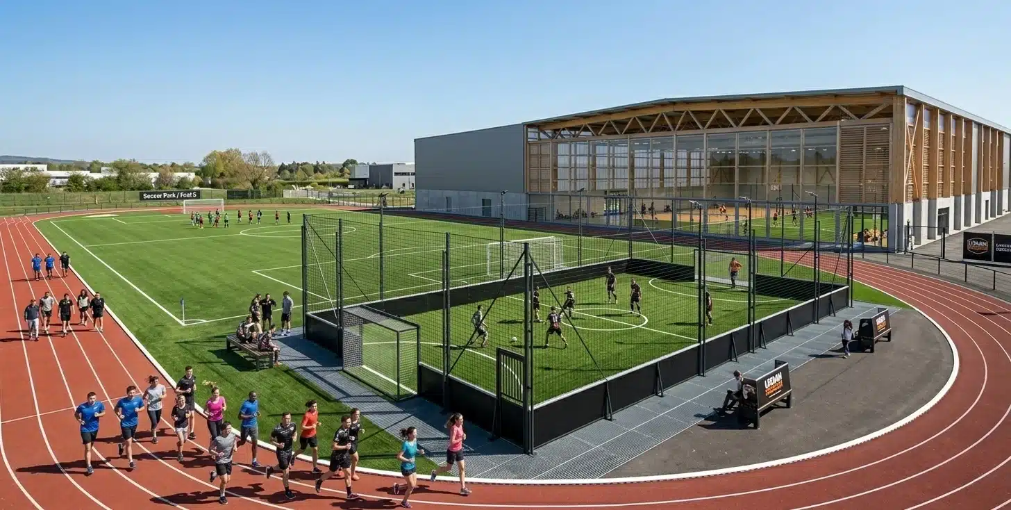 vue d'un terrain de foot 5 outdoor à proximité d'une piste d'athlétisme, terrain de foot et gymnase