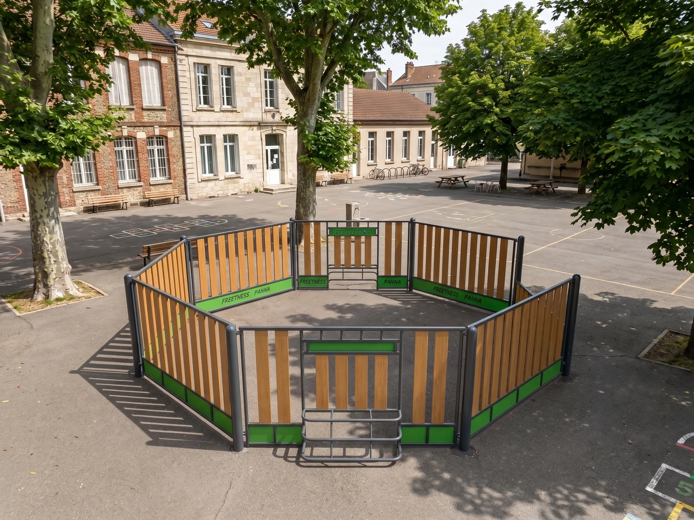 arène de panna dans une cours d'école arborée
