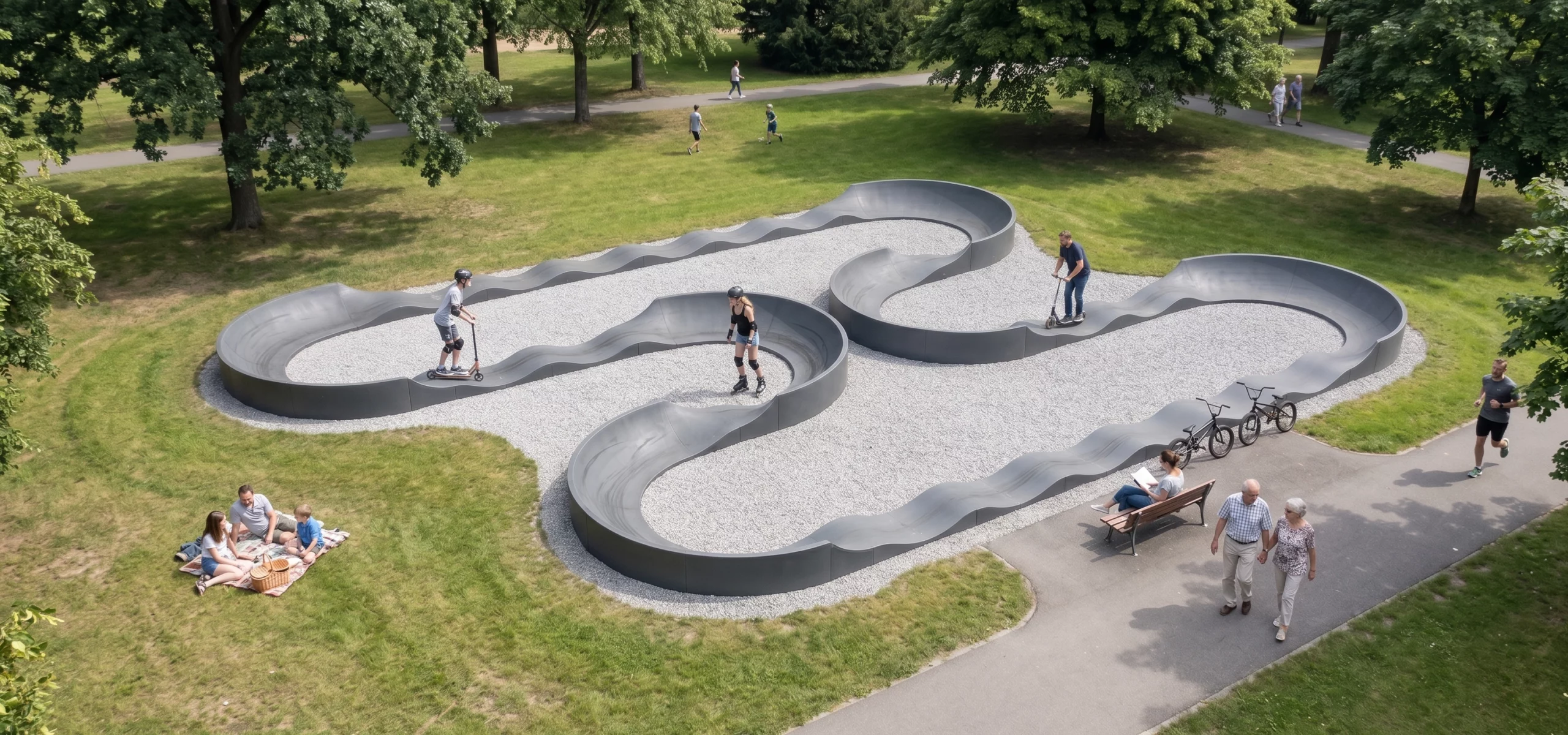 parcours pumptrack FP10 en forme de H au coeur d'un grand parc végétalisé