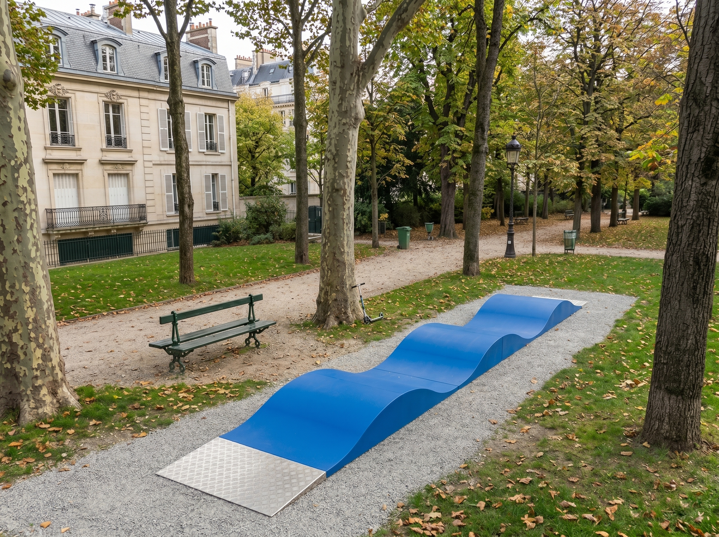FP3 dans un parc de centre ville arboré avec banc et promenade à côté