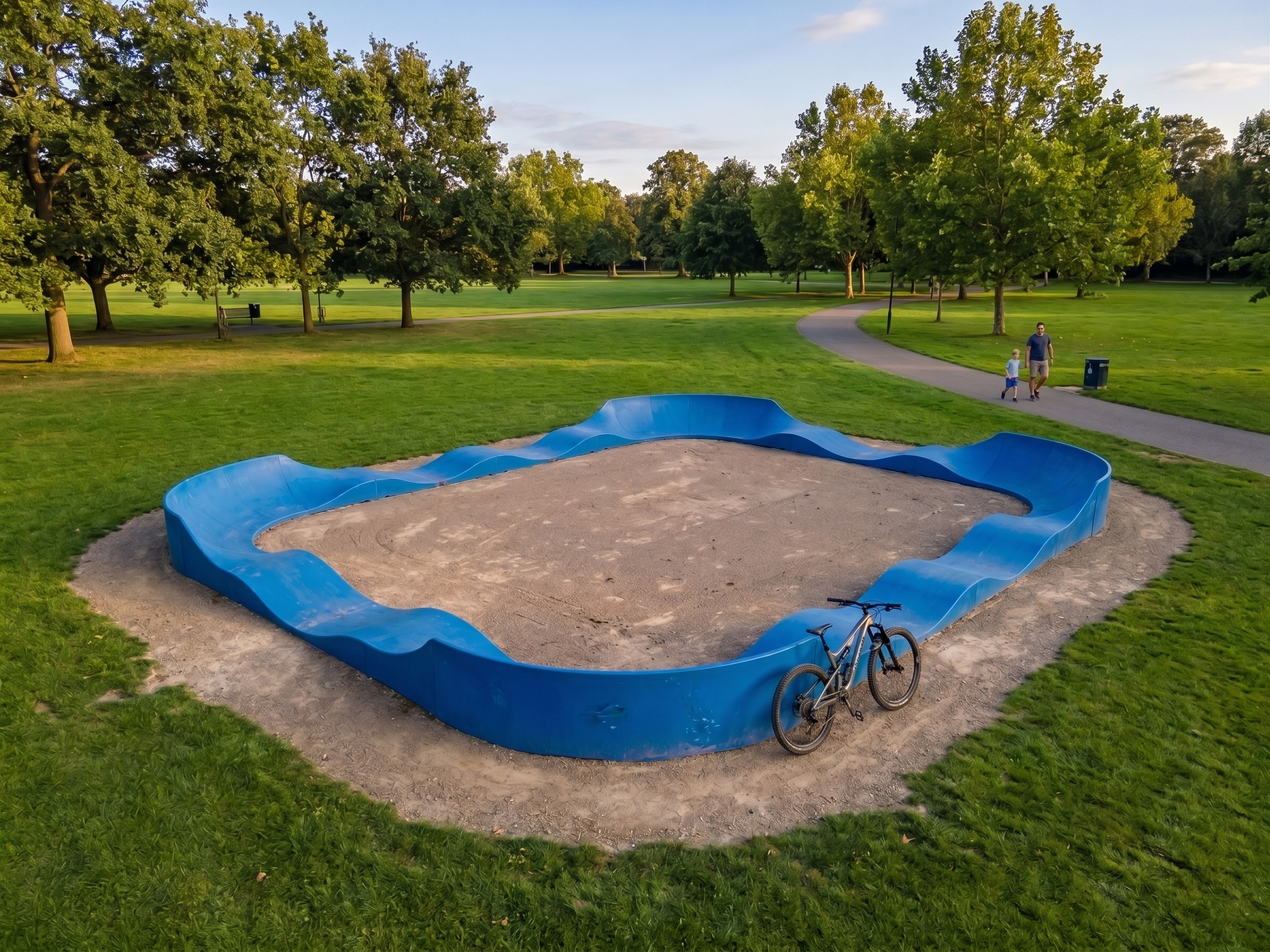 circuit FP8 de pumptrack au milieu d'un parc urbain végétalisé