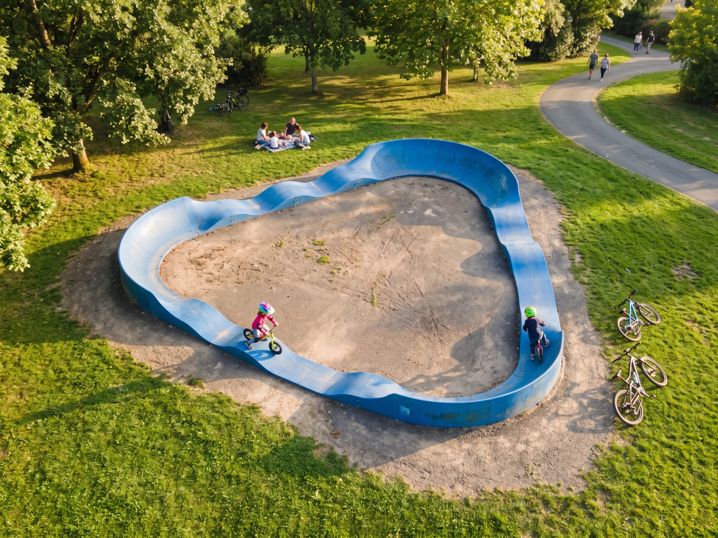 circuit de pumptrack FP9 triangulaire dans un square arboré avec des enfants en BMX et draisienne dessus
