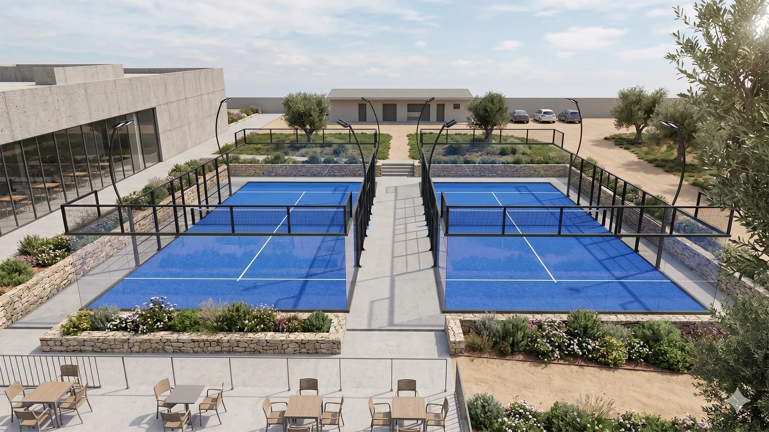 projection de deux terrains de padel 3PS en extérieur bord de mer vus de face