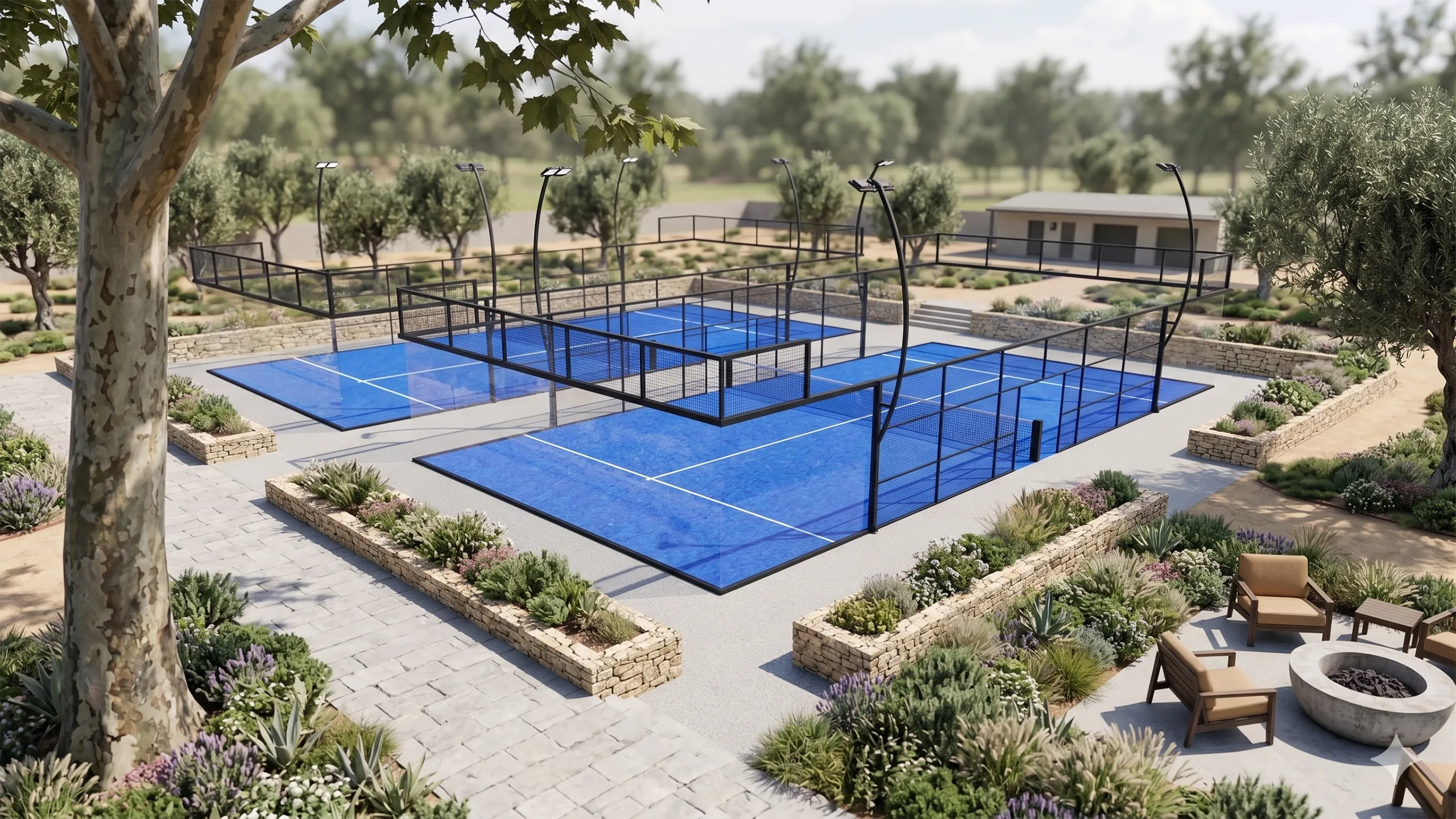 projection de deux terrains de padel 3PS vus de trois quart en extérieur