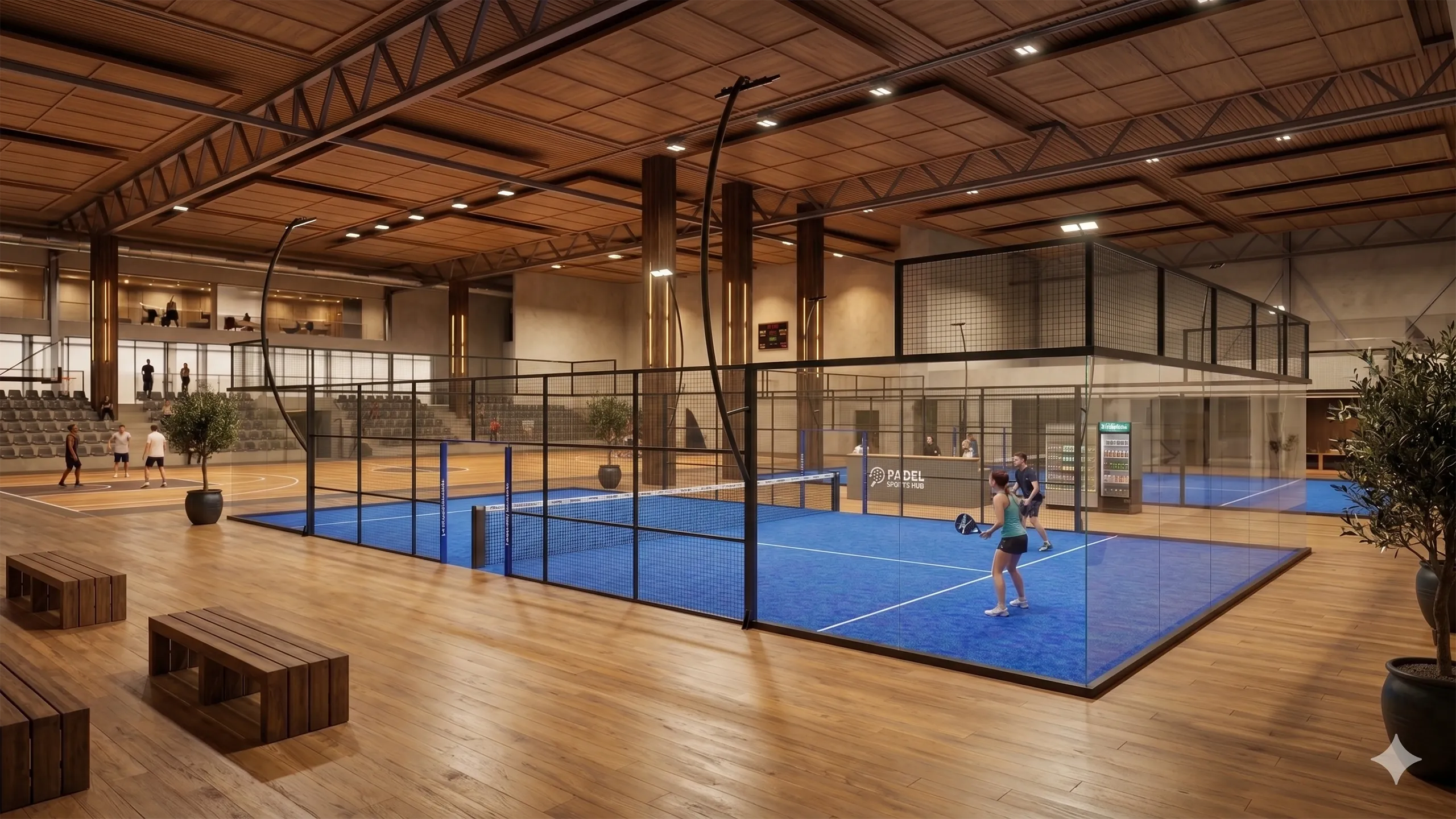projection de deux terrains de padel 3PS Freetness dans un complexe sportif intérieur