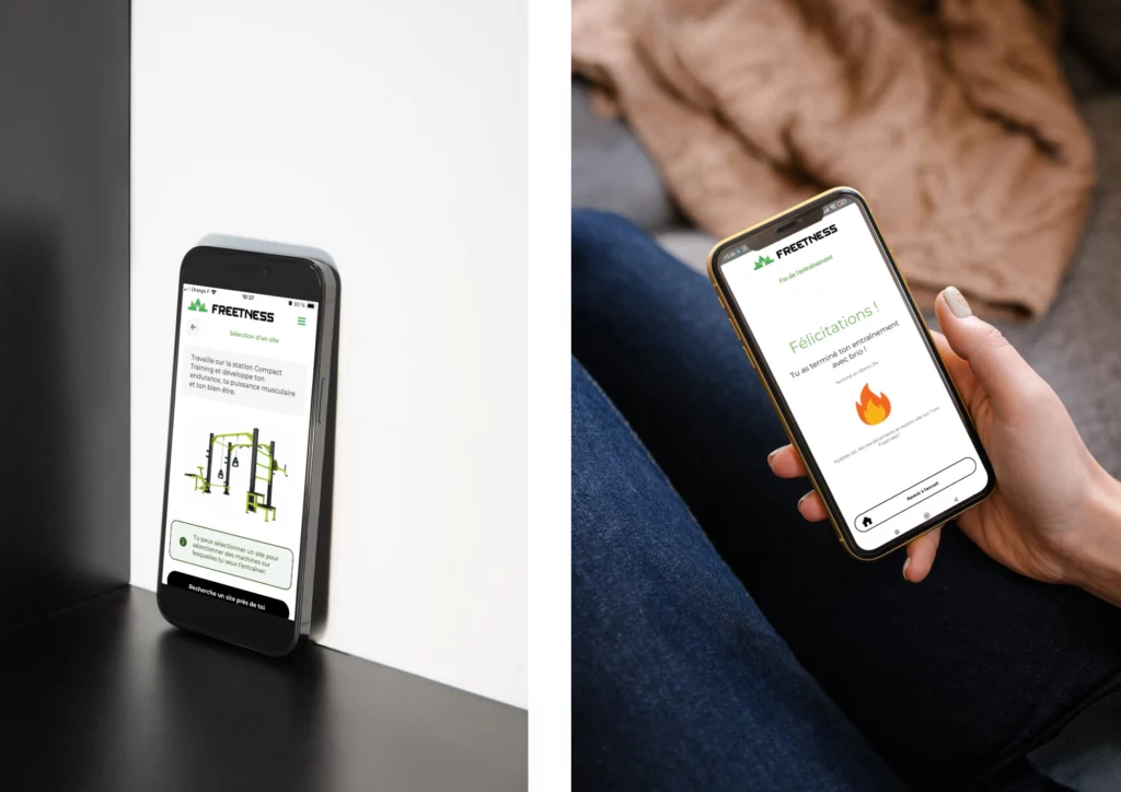 deux smartphones montrant des vues de l'application sportive gratuite freetness