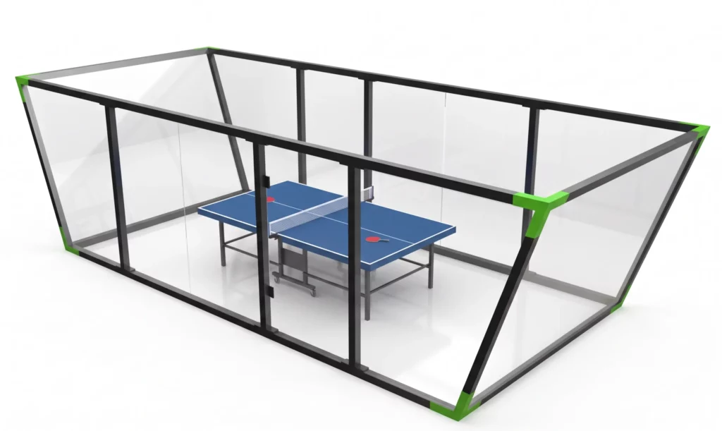 vue de trois quart d'une table de ping pong padel avec vitrages