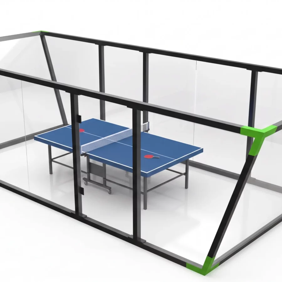 vue de trois quart d'une table de ping pong padel avec vitrages