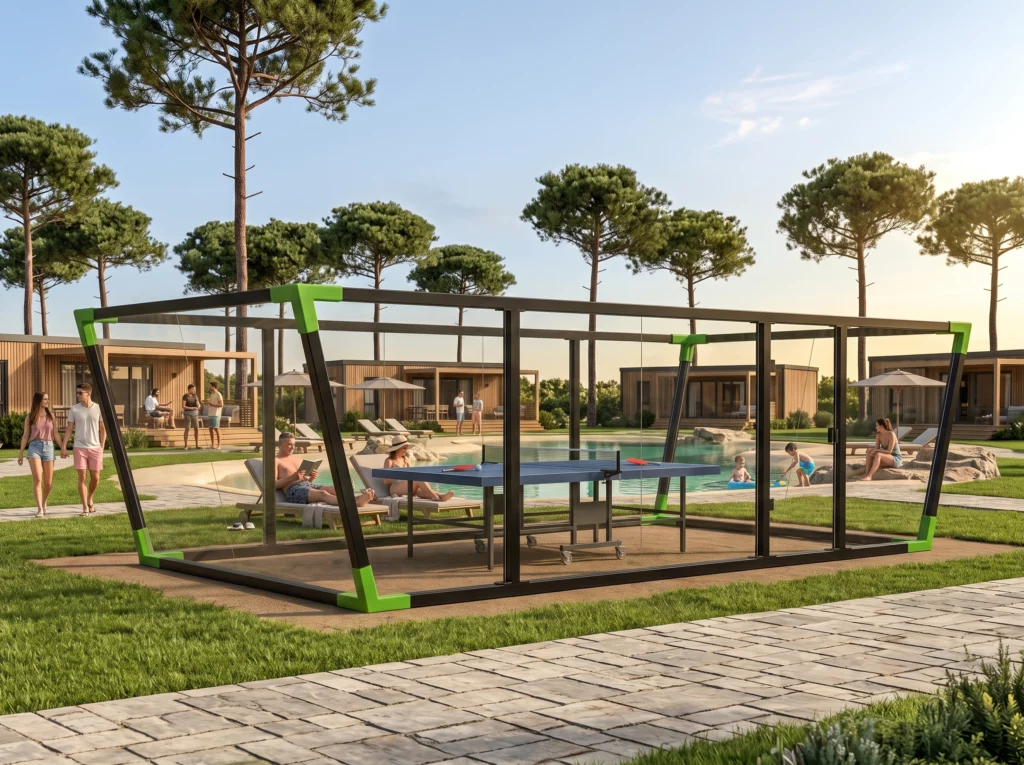 structure ping pong padel dans un camping haut de gamme avec bungalows en bois et piscine naturelle