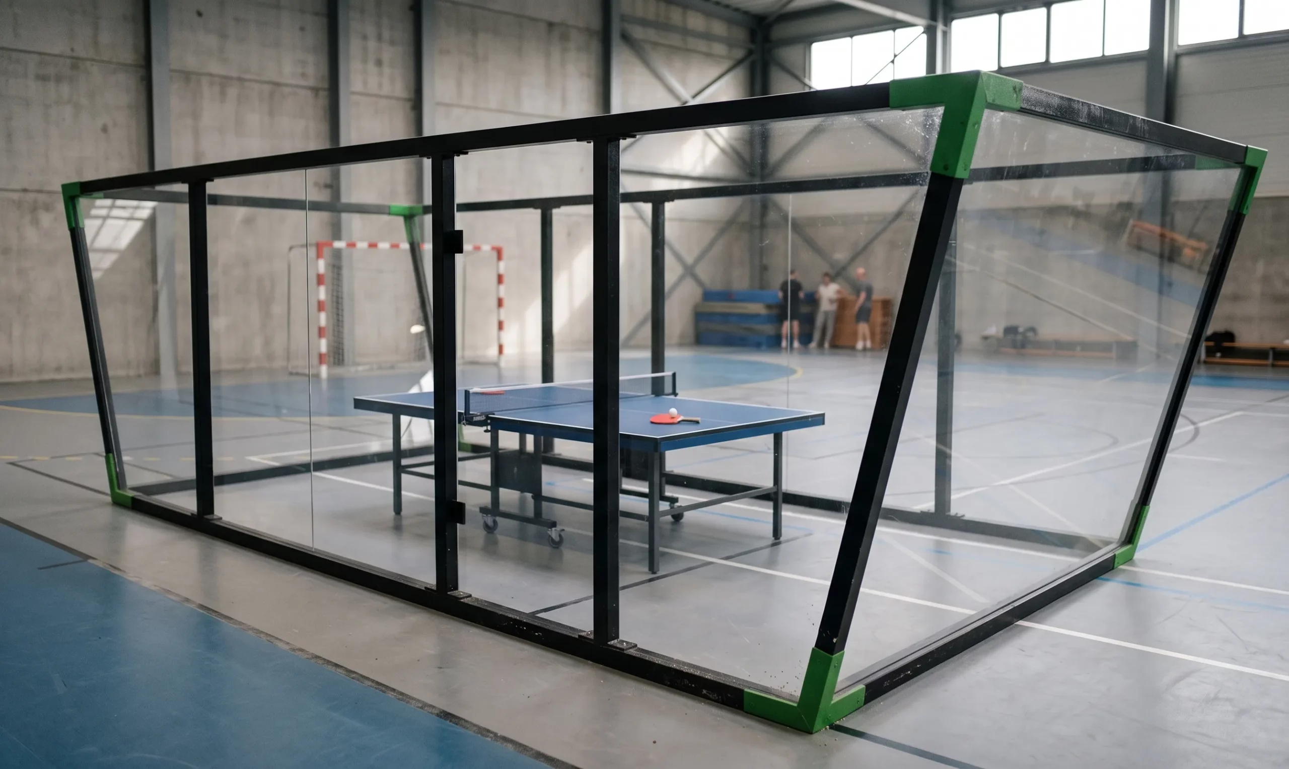 table de ping pong padel vitrée dans une salle omnisports