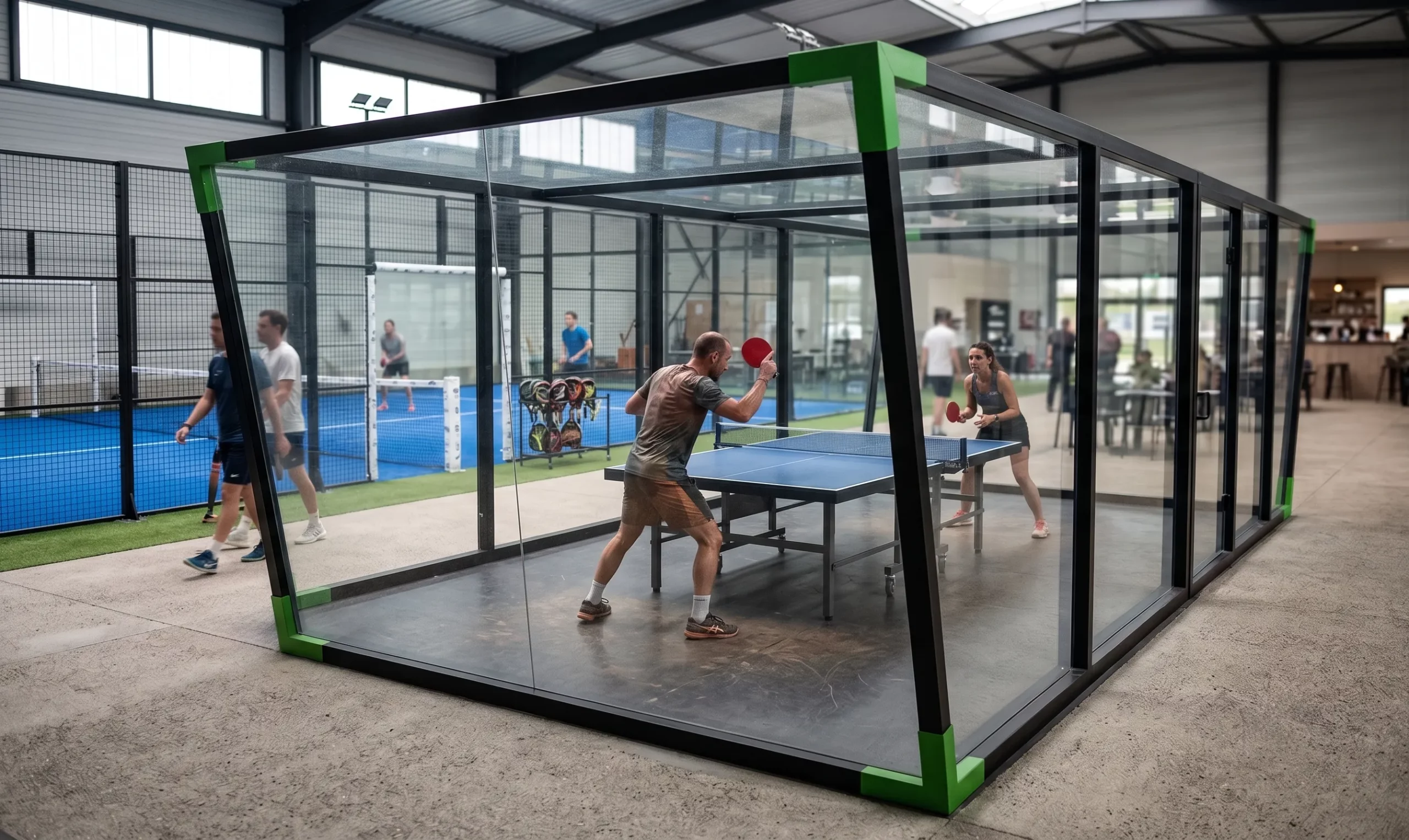 terrain de ping pong padel avec des joueurs en pleine partie installé dans un complexe sportif
