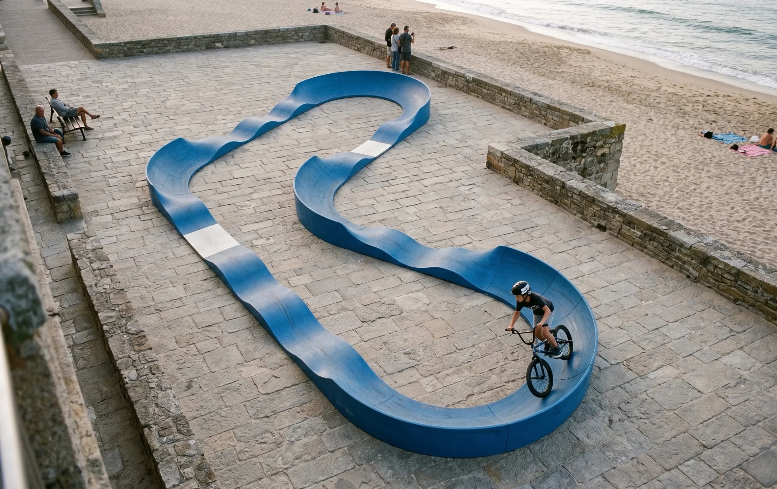 parcours de pumptrack Y1 vu de dessus en plongée situé sur un parvis en bord de plage
