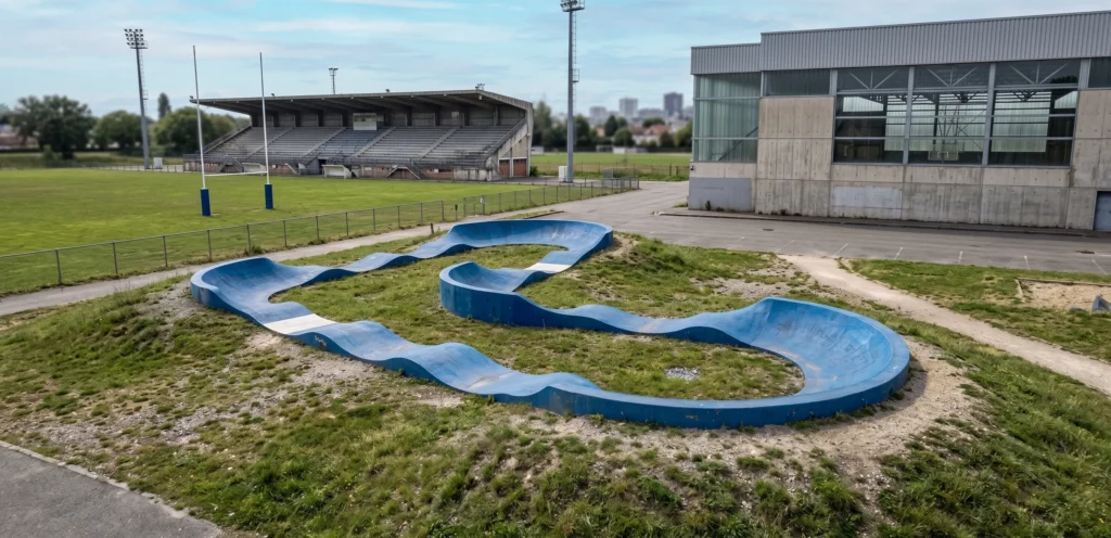 circuit de pumptrack Y1 vu de profil aux abords d'un terrain de rugby et d'un gymnase