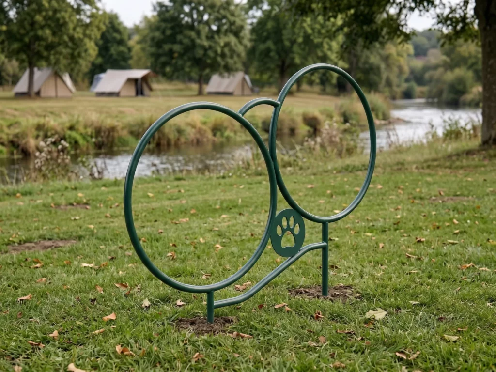 cerceau double d'agility dans l'espace canin d'un camping en bord de rivière