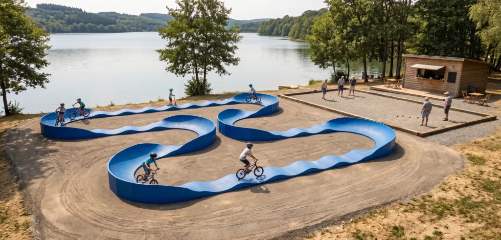 parcours de pumptrack au bord d'un lac au sein d'un camping familial