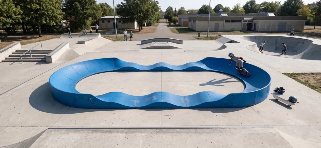 boucle de pumptrack au coeur d'un espace de skatepark urbain
