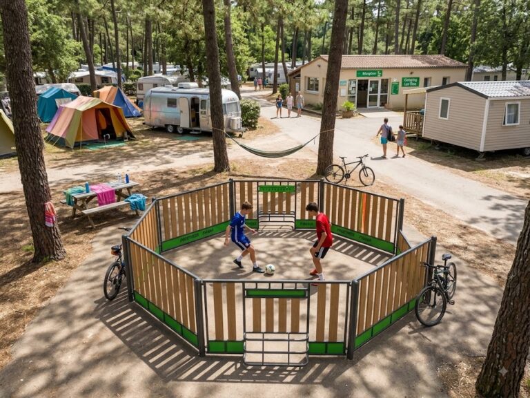 panna arena pour battle de foot en plein air dans un camping arboré vue d'en haut