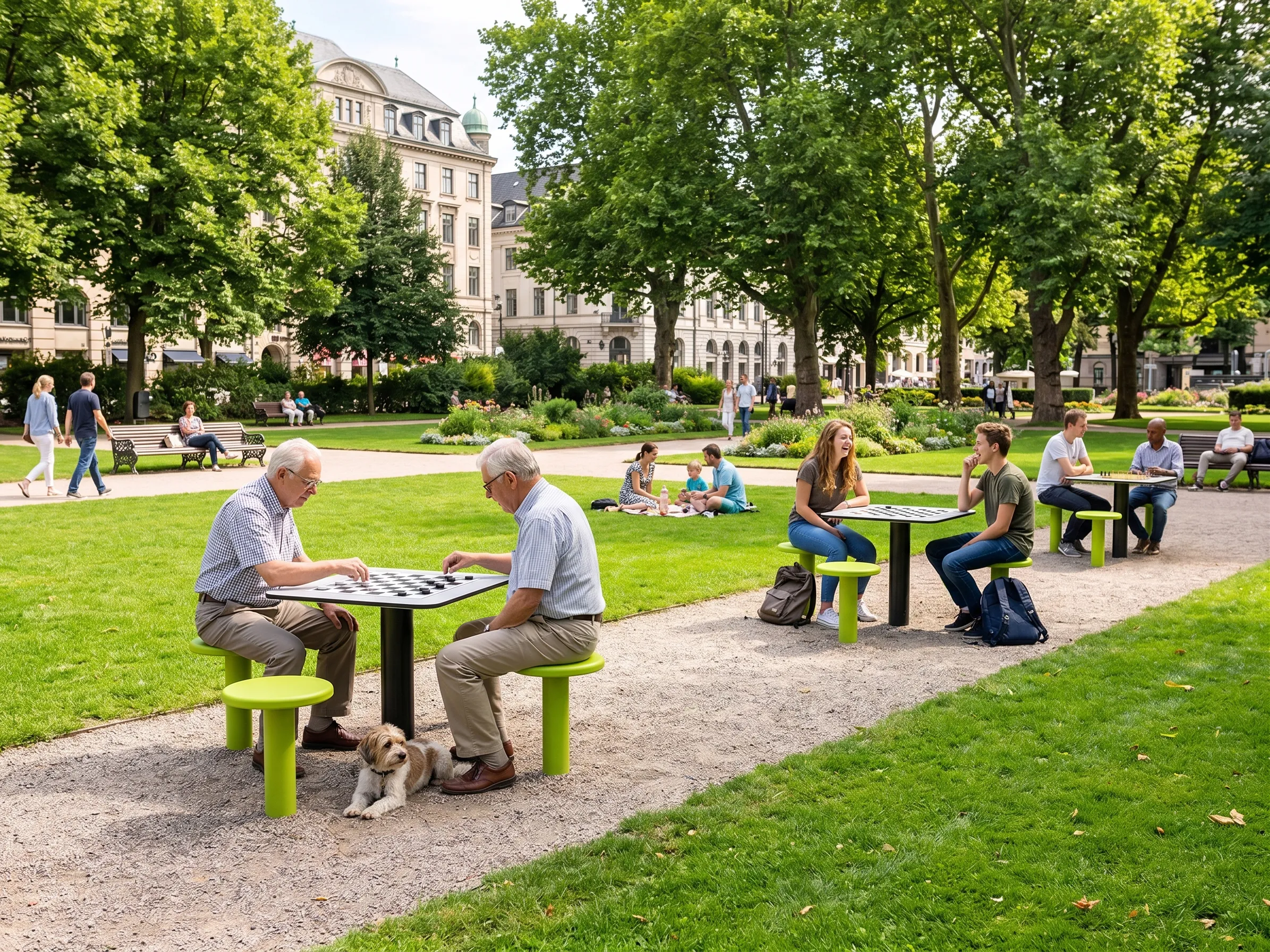 square français avec des tables de jeux d'échec en libre accès avec des joueurs