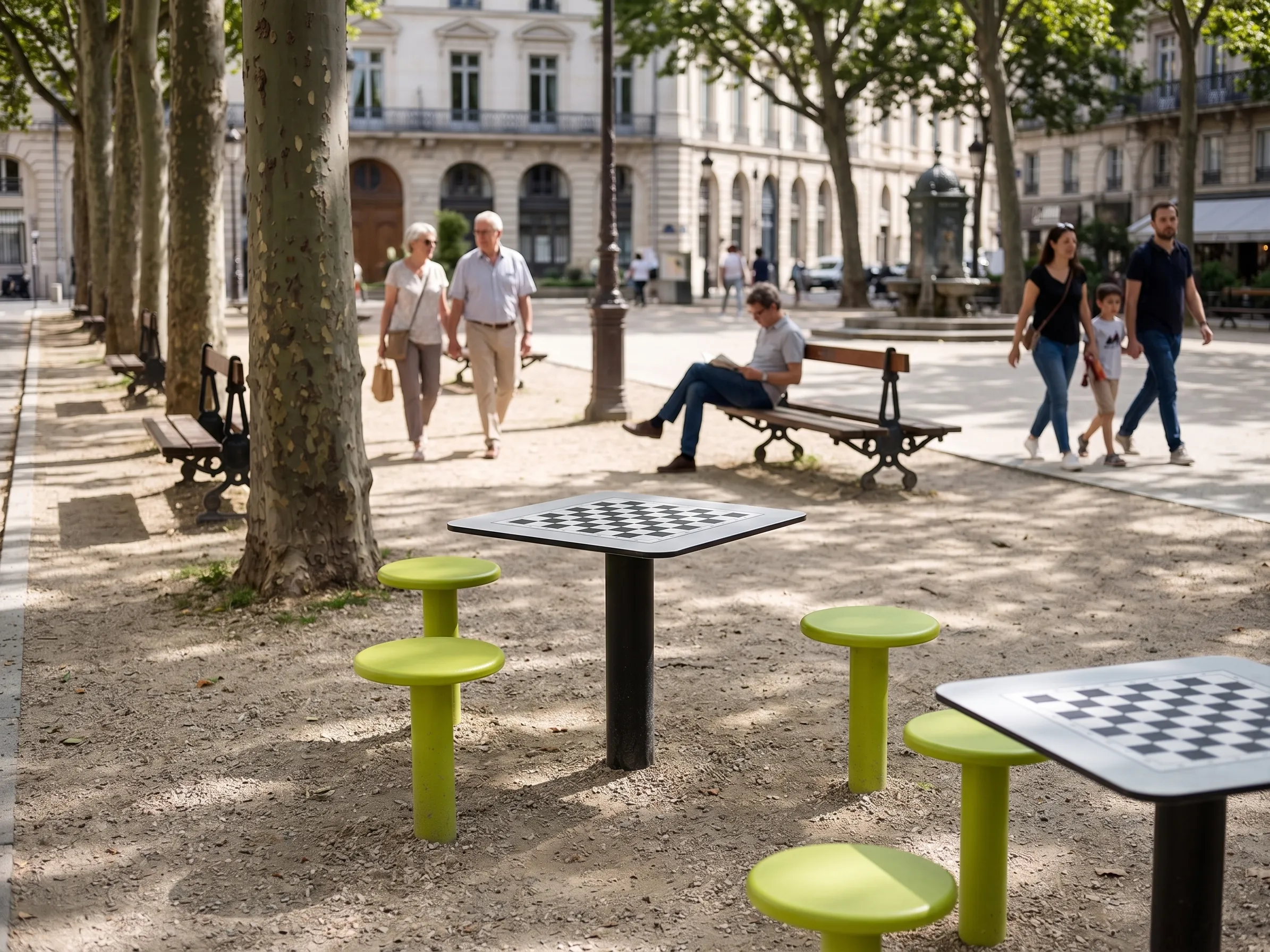 tables d'échec sous les arbres d'une place publique de ville