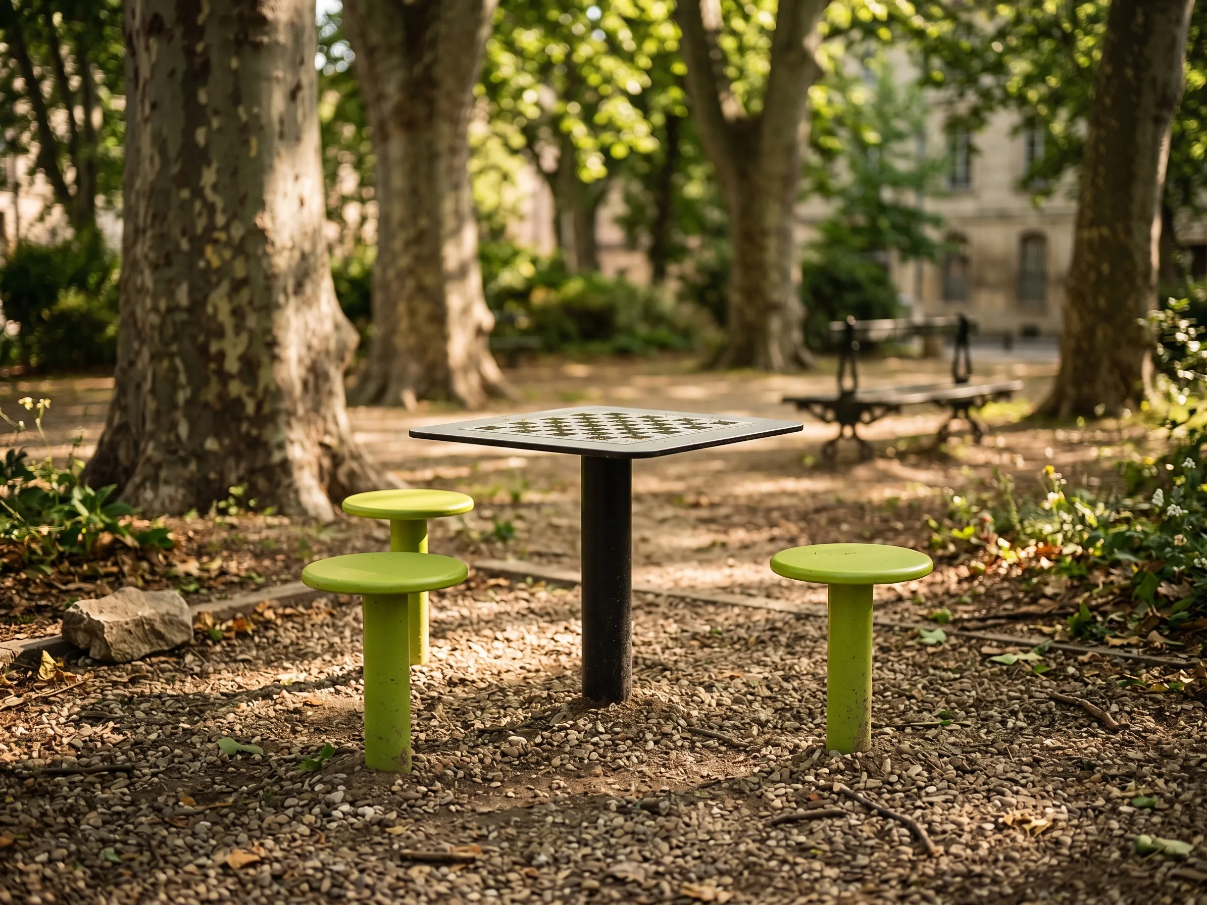 table d'échecs en accès libre dans un parc arboré ombragé