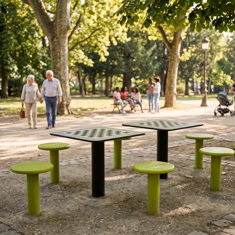 tables d'échecs pour tournoi libre dans un parc arboré