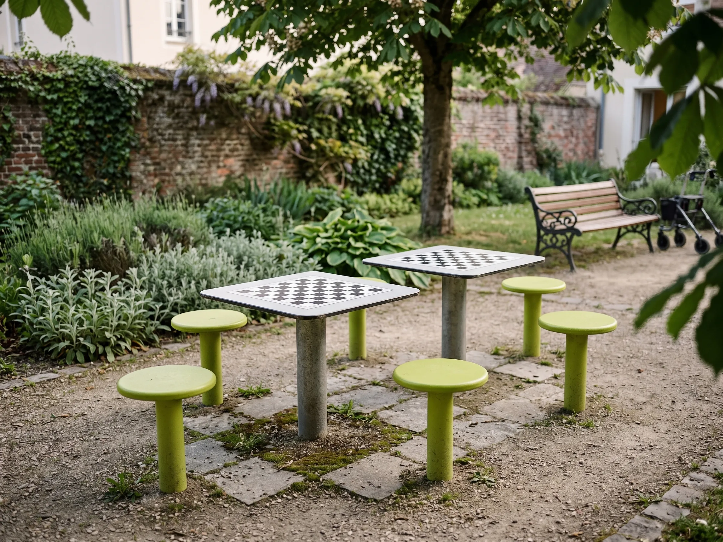 tables de tournoi d'échecs en libre accès dans un jardin public