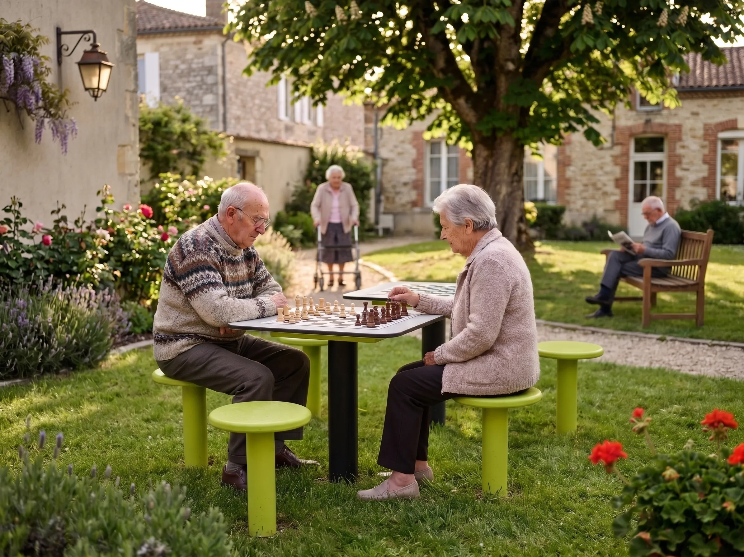 tables de tournoi d'échecs dans le jardin d'une maison de retraite avec joueurs en pleine partie