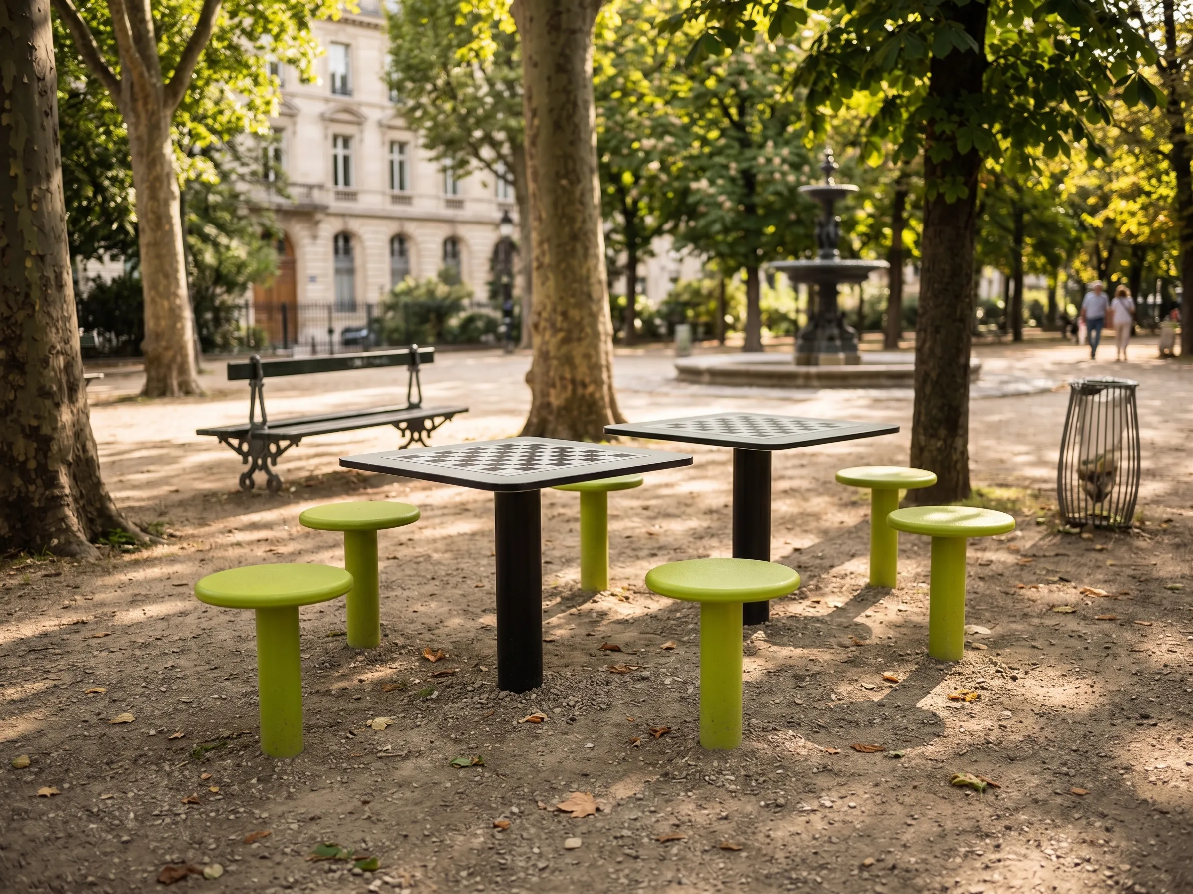 tables de tournoi d'échecs en accès libre dans un square français