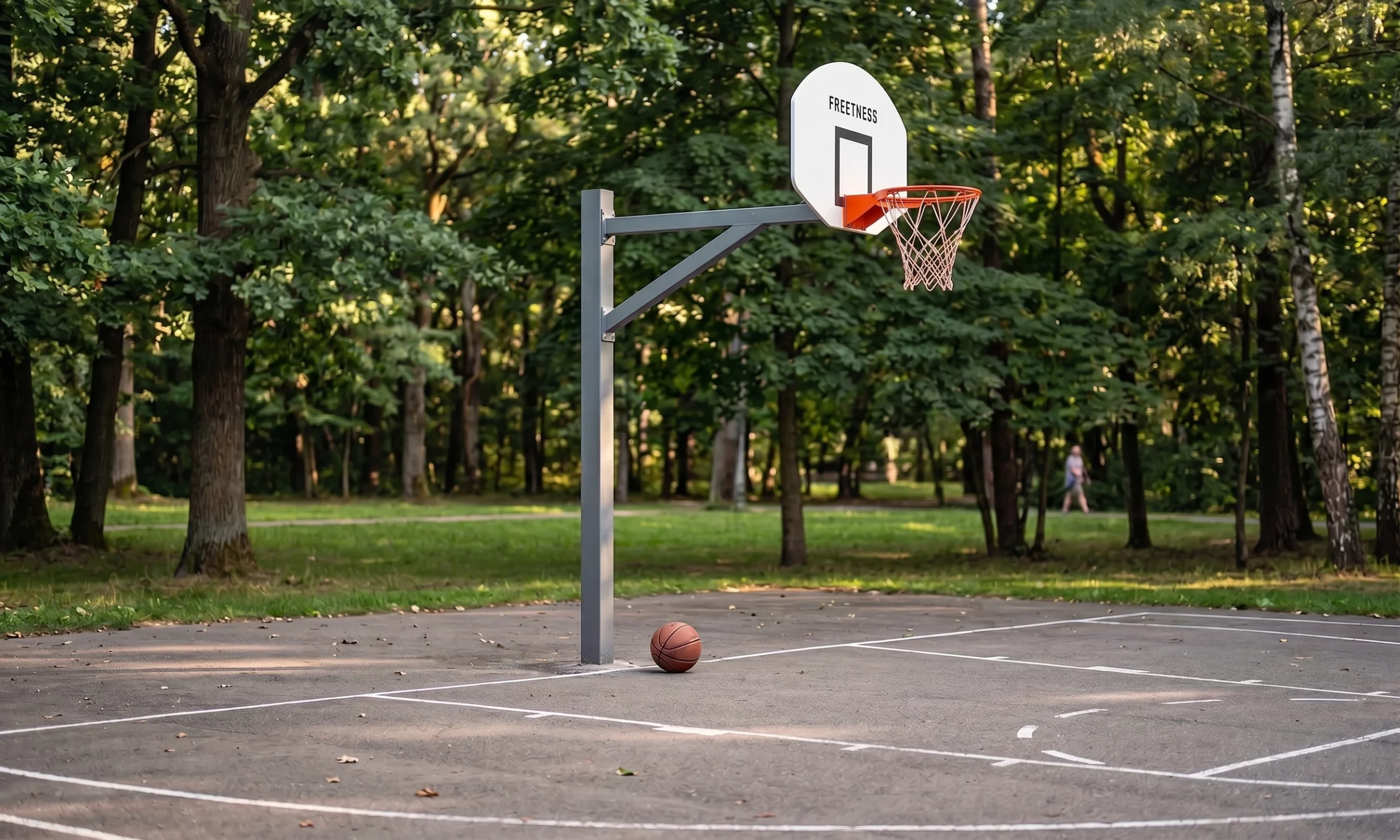Panier de basket FPBL de Freetness sur un terrain de basket 3x3 en extérieur dans un parc public arboré