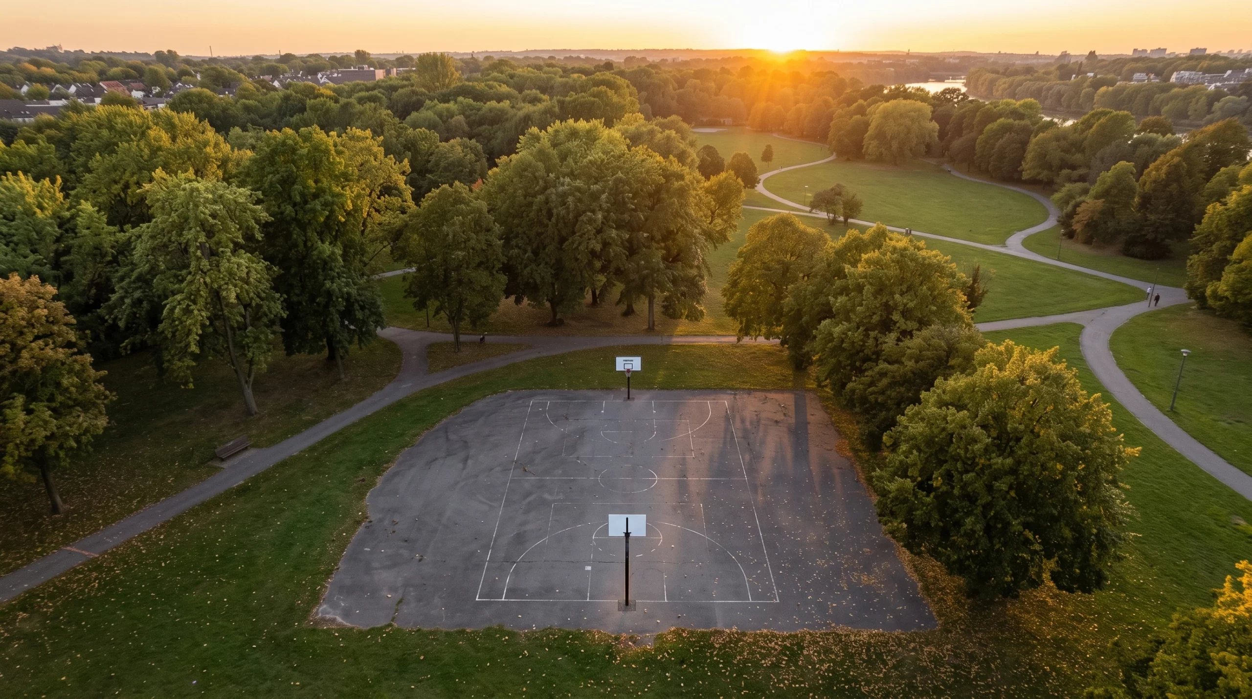 Vue d'en haut d'un parc arboré avec espace libre de basket ball et duo de paniers FPBR Freetness